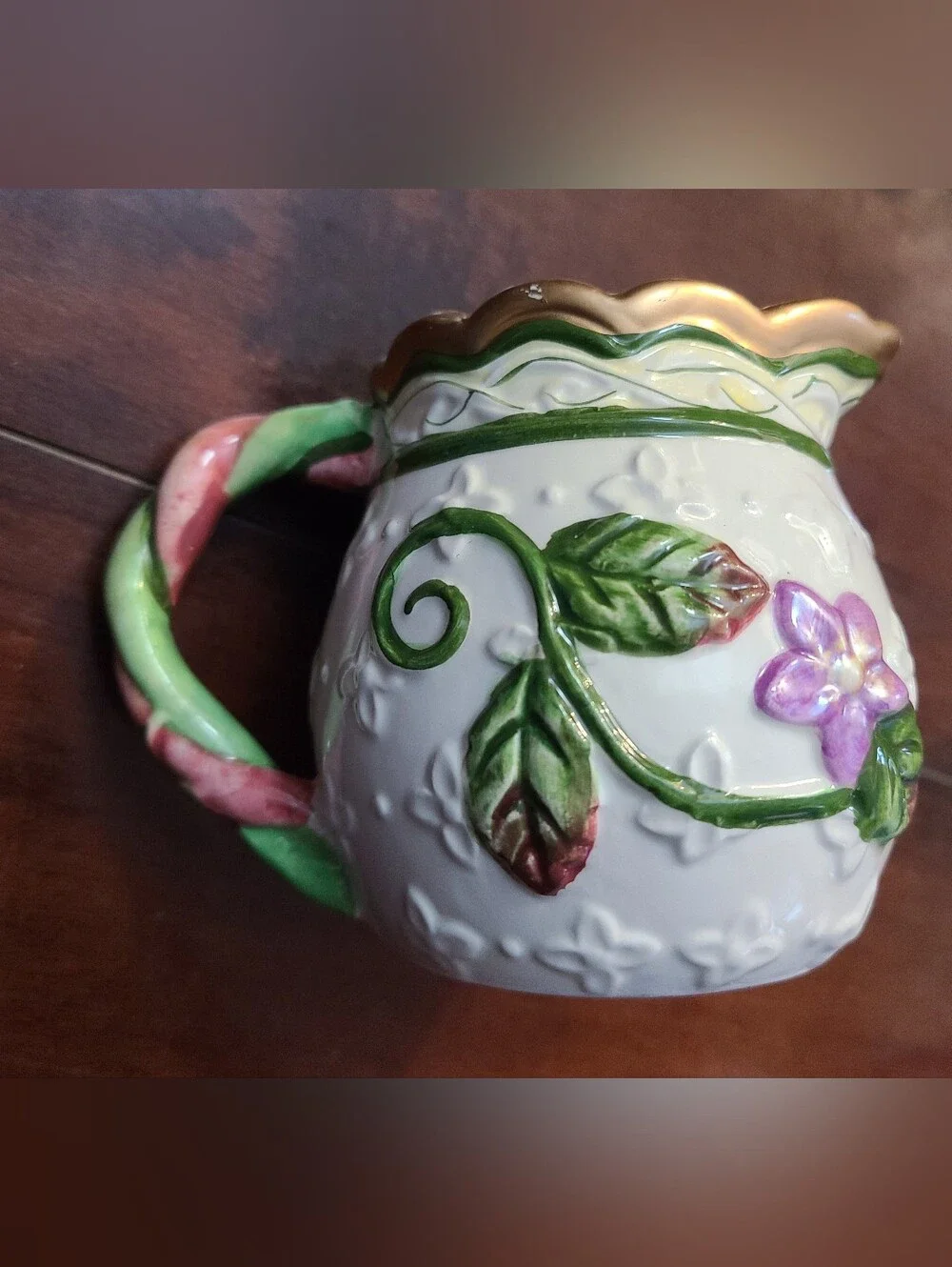 Vintage WMG Ceramic Floral Creamer Pitcher Spring Time Garden Raised Relief